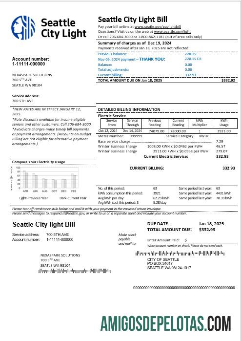 imprimível Modelo de conta de serviços públicos dos EUA Washington Seattle City Light Business em formatos Word e PDF